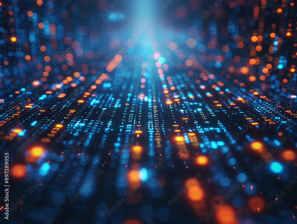 Poster abstract digital data flow with blue and red lights in a dark setting