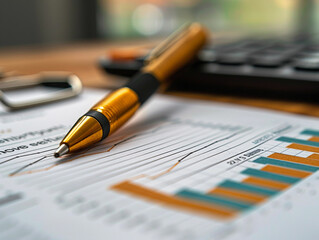 Fototapeta premium Gold Pen Resting on Financial Report With Bar Graph