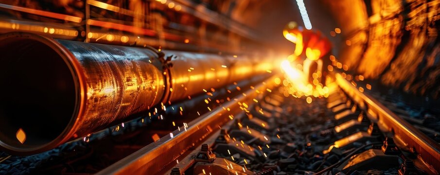 Create a dynamic scene of a construction team in masks, coordinating the welding of multiple pipelines in a large tunnel