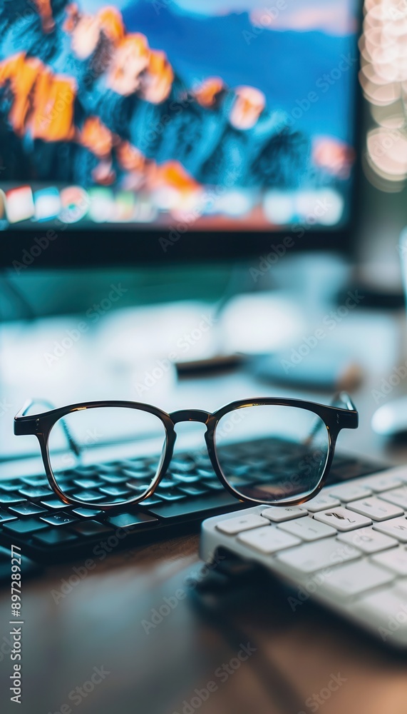 Poster a pair of eyeglasses rests on a black computer keyboard, with a computer screen in the blurred backg