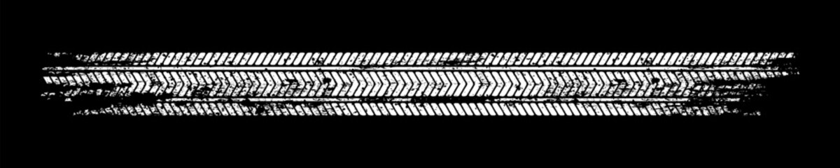 Grunge tire track, wheel braking marks. White truck, car or motorcycle tread pattern silhouette. Auto race, motorsport, speed racing design element. Vector illustration