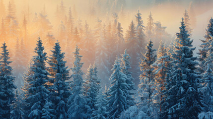 Obraz premium Snow-capped pine trees illuminated by the first light of dawn.