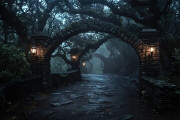 A captivating arched pathway in a forest adorned with lanterns, the mist and twisted trees evoke a magical and serene ambiance inviting exploration.