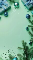 Fototapeta premium Elegant gifts with blue baubles and pine branches