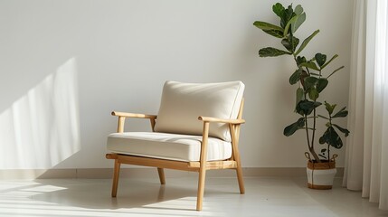 Minimalist armchair with fabric upholstery and wooden frame in a bright living space 