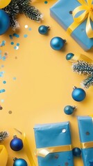 Fototapeta premium Blue and yellow Christmas theme with gifts and ornaments.