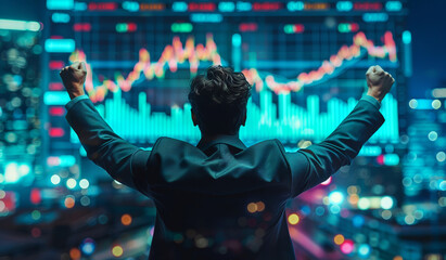 Man celebrates success with arms raised in front of stock chart. Generative AI