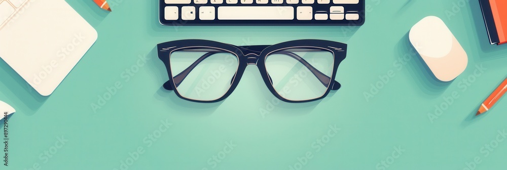Leinwandbilder A pair of black eyeglasses sits on a clean, green desk. A keyboard and mouse are visible in the background, suggesting a workspace. Generative AI