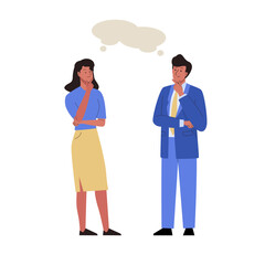 Man and woman standing in pensive pose and thinking. Business people meet and talk. Concept of problem solving, search of new idea