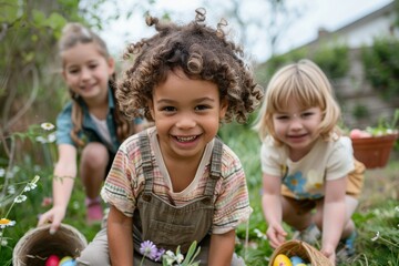 Three joyful kids with baskets enjoy collecting colorful Easter eggs in a lush garden, smiling and having fun amidst blooming flowers and vibrant greenery during the holiday. - Powered by Adobe