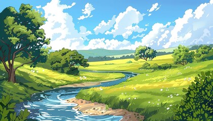 Obraz premium peaceful countryside scene with a river running through it, anime cartoon style