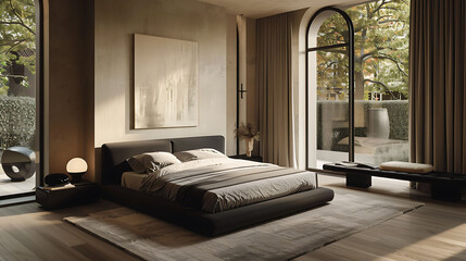 A minimalist bedroom featuring a sleek black platform bed with simple, clean decor and neutral tones for a modern, stylish look.
