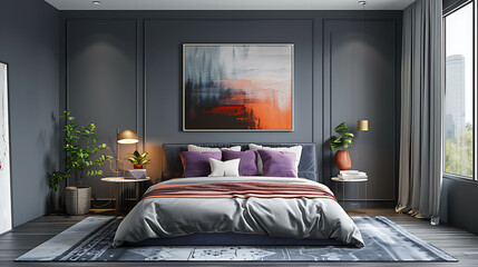 Modern guest room featuring bold abstract art, neutral tones, and stylish furniture, offering a chic and welcoming atmosphere for guests.