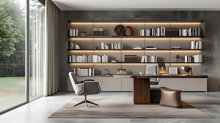 Minimalist bookshelf with open shelves and clean lines in a modern home office 