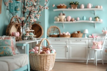 A large wicker basket filled with pastel-colored eggs is placed in a light blue room adorned with decorative shelves, plants, and baskets, creating a cozy atmosphere.