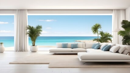 Large living room with a sea view that is unoccupied in a lavish summer beach property with a pool next to the terrace. Large white wall background at a holiday resort or house.