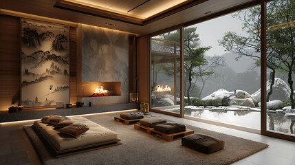 Obraz premium Comfortable guest room featuring a warm fireplace and a cozy seating area, perfect for relaxation and unwinding in style.