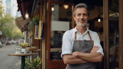 Small business owner at entrance looking at camera.
