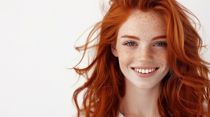 Fototapeta premium Closeup of happy attractive young woman with long wavy red hair and freckles wears stylish t shirt looks happy and smiling isolated over white background.