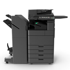 Realistic 3D Laser MFP Black with Booklet Finisher PNG Images | High-Quality MFP Modeling Illustrations | Detailed Office and Printing Equipment Art