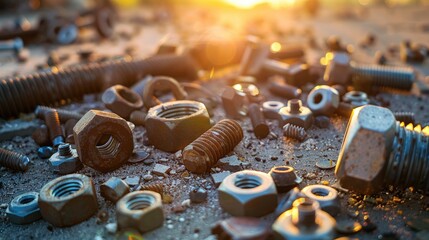 Vintage style background of rusty nuts and screws on dusty floor with sunset flare for mechanical or recycle concept
