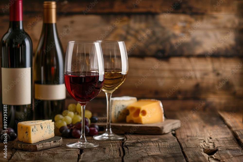 Poster A wooden table with two wine glasses, wine bottles, and cheese slices. Grapes are scattered on the table, creating a cozy and inviting atmosphere. Generative AI