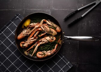 Langoustines in a pan