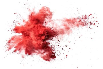 A intense red powder explosion on a white background