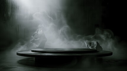mysterious dark foggy platform with rocks in misty atmosphere, illuminated by ethereal light - enigmatic fantasy scene for spooky and fantasy themes