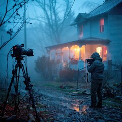 Capturing Cinematic Atmosphere: A Cinematographer's Dusk Scene Outside a House in Blue Light and F
