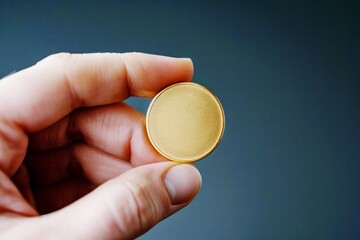 hand holding a blank gold coin on dark background. concept for cryptocurrency, investment, and wealth