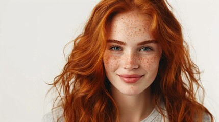 Naklejka premium Closeup of happy attractive young woman with long wavy red hair and freckles wears stylish t shirt looks happy and smiling isolated over white background.