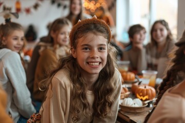 Fototapeta premium A young girl with long hair smiles at a festive autumn celebration, surrounded by friends, pumpkins, and themed decorations, creating a warm and cheerful atmosphere.