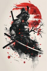 Samurai Warrior with Red Sun and Cherry Blossoms