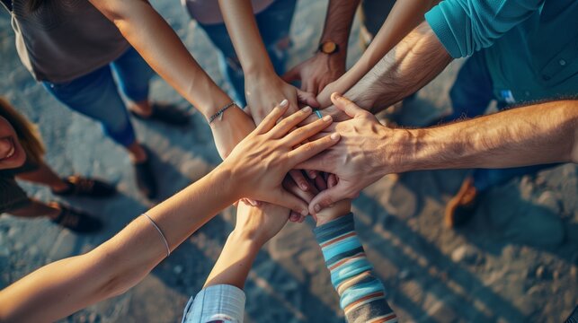 Teamwork unity concept group of friends put their hands together with copy space.