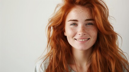 Naklejka premium Closeup of happy attractive young woman with long wavy red hair and freckles wears stylish t shirt looks happy and smiling isolated over white background.