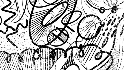 Black and white vector geometric background with ovals, lines, curves, dots. Abstraction 