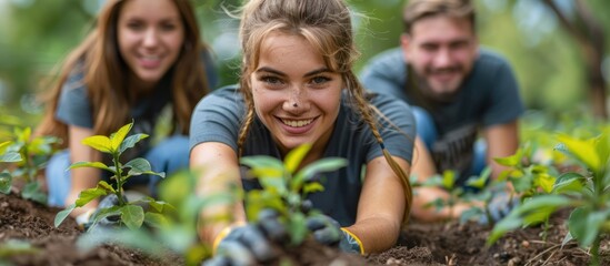 Fototapeta premium Volunteers Planting Trees Together in a Field