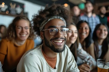 Obraz premium A man with a headband and glasses smiles warmly at a cheerful event, surrounded by friends and vibrant decorations, capturing a moment of joy and social togetherness.