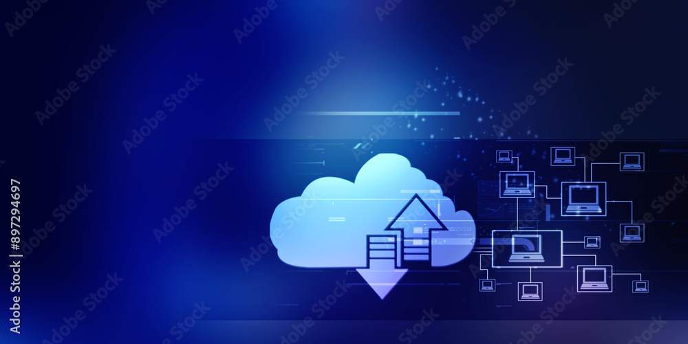 Poster 2d illustration uploading downloading arrow with cloud