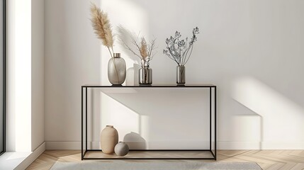 Minimalist console table with clean lines and metal frame in a modern hallway 