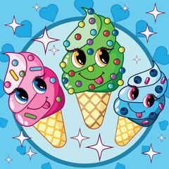 Cute ice cream character. Delicious desert. Cartoon flat vector illustration. Children's illustration.