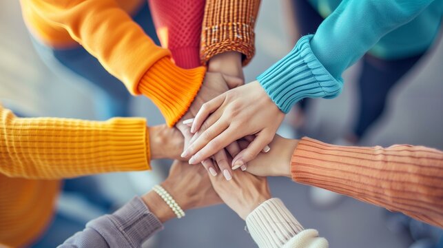 Teamwork unity concept group of friends put their hands together with copy space.