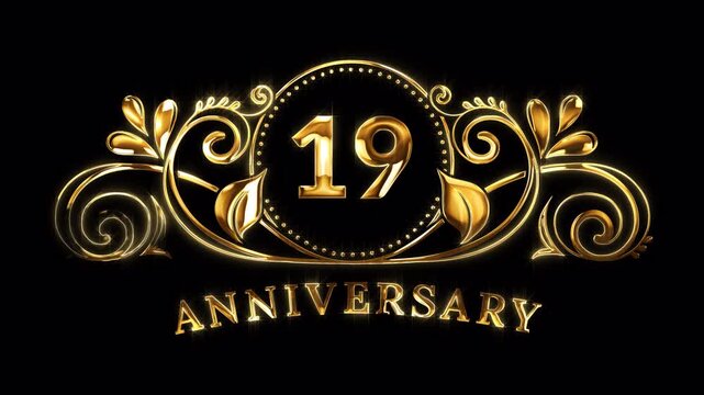 19th Anniversary Celebration. Happy 19 Years Anniversary Animation in Gold Color on the Transparent Background, Alpha Channel. Great for greetings, celebrations, events, and gifts.