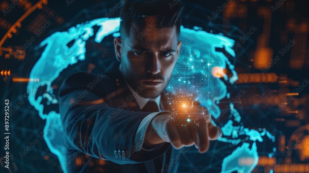 Poster man interacting with digital globe