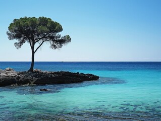 Solitary Pine Tree on a Turquoise Coastline