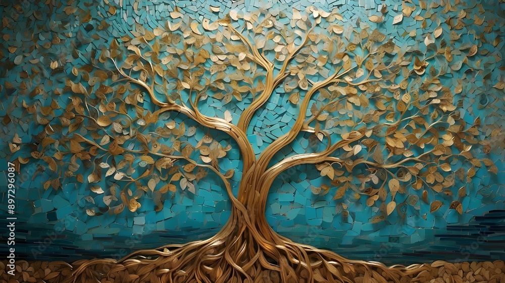 Poster tree of life. the backdrop of the tree of life is created by tiny mosaic tiles in shades of gold and