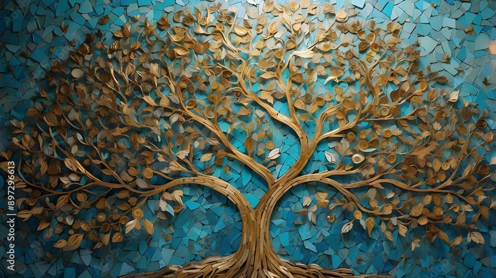 Poster tree of life. the backdrop of the tree of life is created by tiny mosaic tiles in shades of gold and