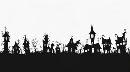 Naklejka premium Scary houses with twisted trees are silhouetted against a white background, creating a spooky and mysterious halloween atmosphere