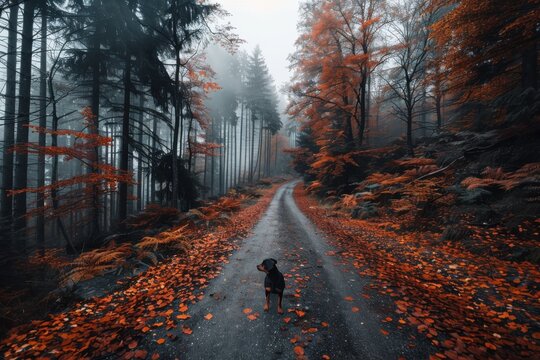 A picturesque misty forest path covered in fallen autumn leaves, with a lone dog standing in the middle, creating an atmospheric and serene outdoor scene.